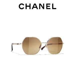CHANEL Brown Square Metal Pearl Chain Sunglasses